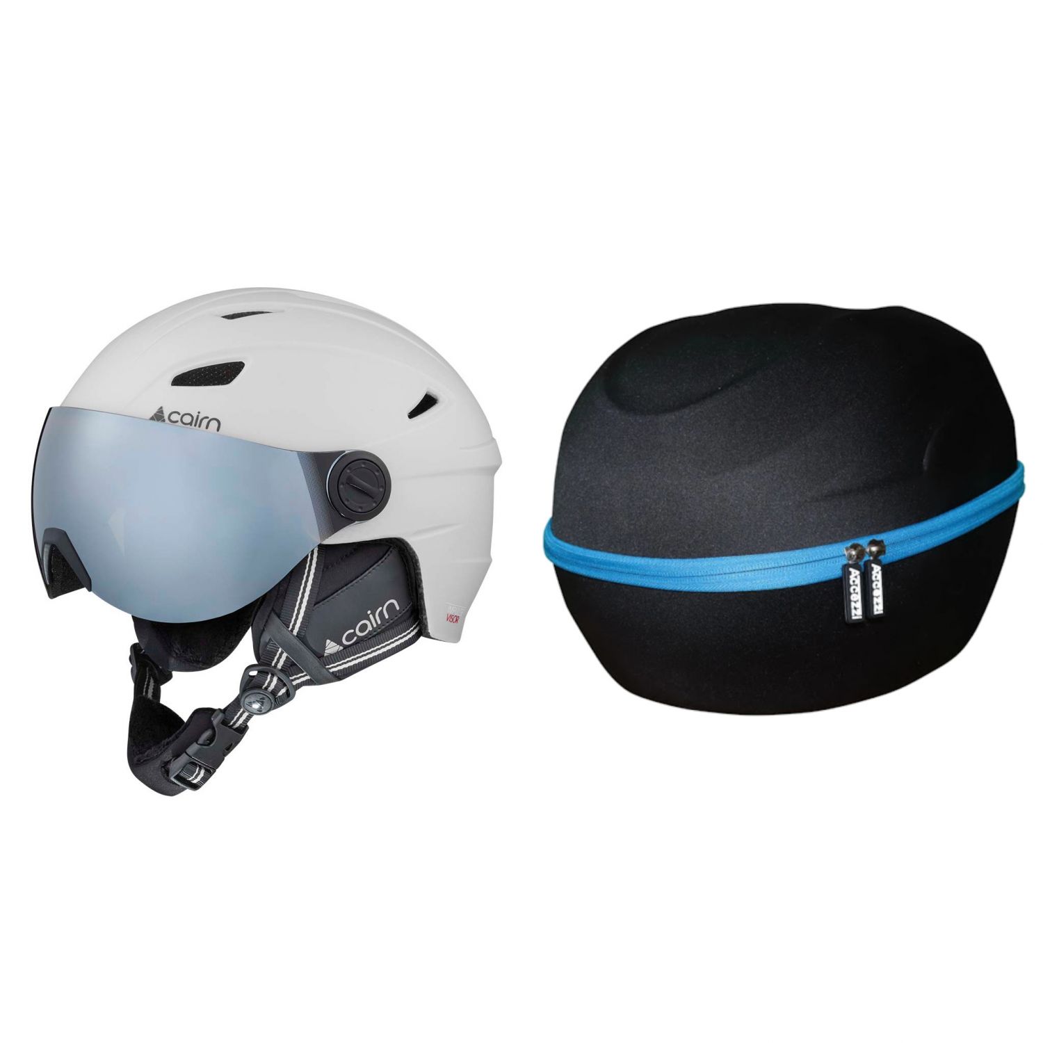 Cairn Impulse skihjelm med visir, hvid + Accezzi Cortina, hjelmcase