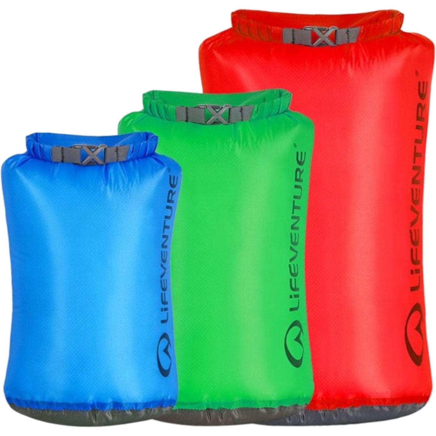 Lifeventure Ultralight Dry Bag Multipack, blå, grøn og rød