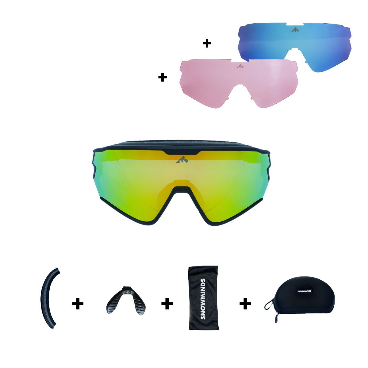 The Snowminds Full Blast Sports Glasses + 3 Lenses + Case, sort